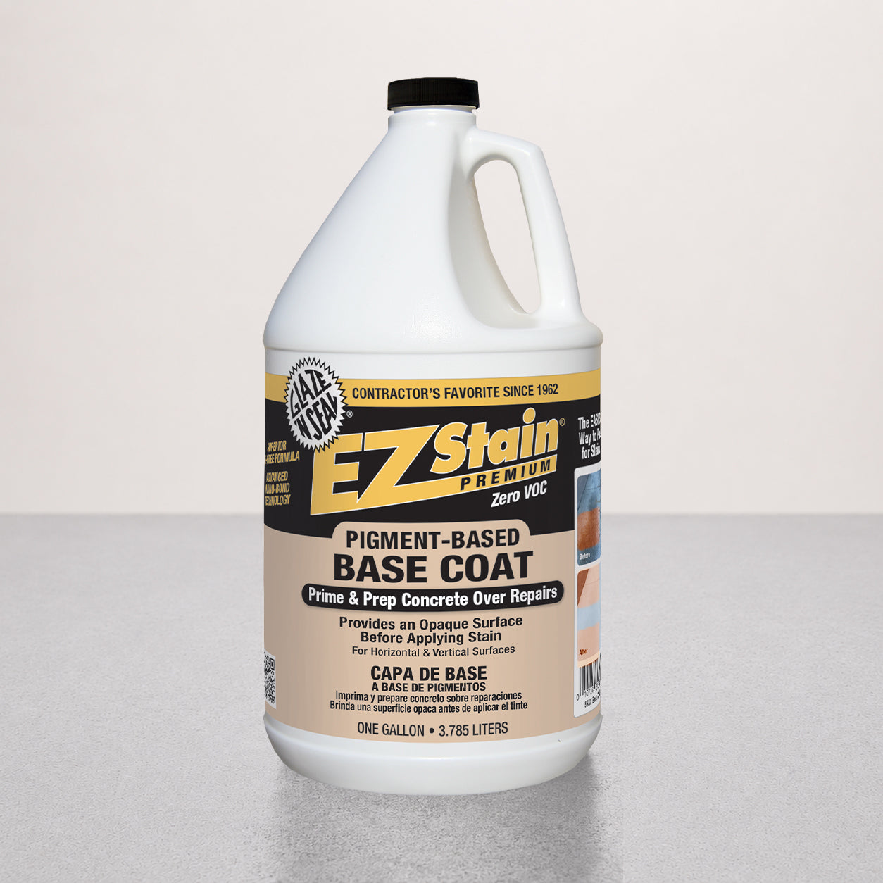 Gallon container of EZ Stain pigment-based base coat on a light gray background