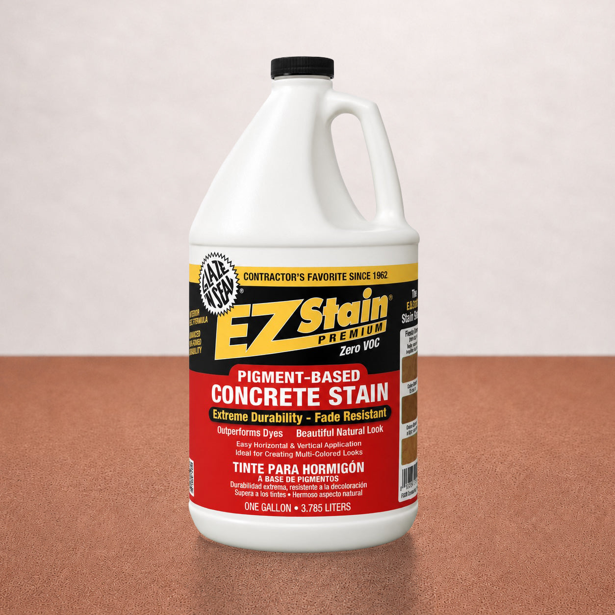 Gallon container of EZ Stain concrete stain on a brown surface with a white background