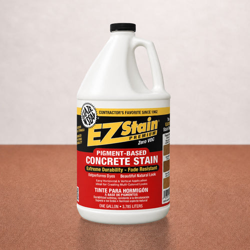 Gallon container of EZ Stain concrete stain on a brown surface with a white background