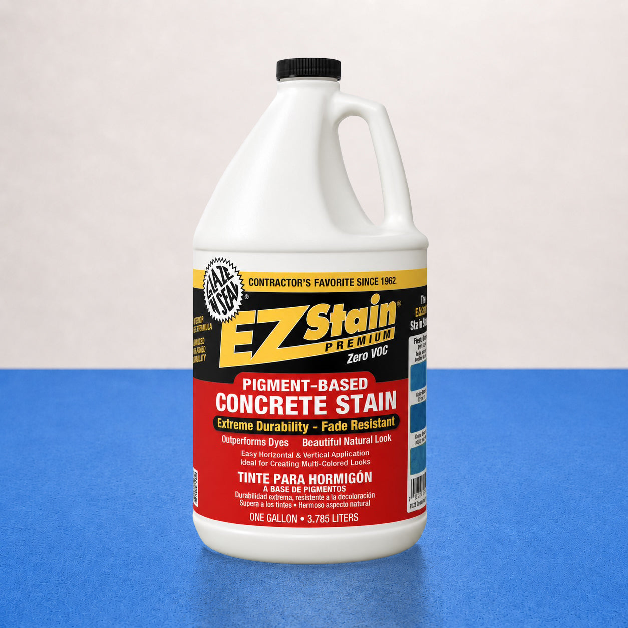 Gallon container of EZ Stain concrete stain on a blue and beige background