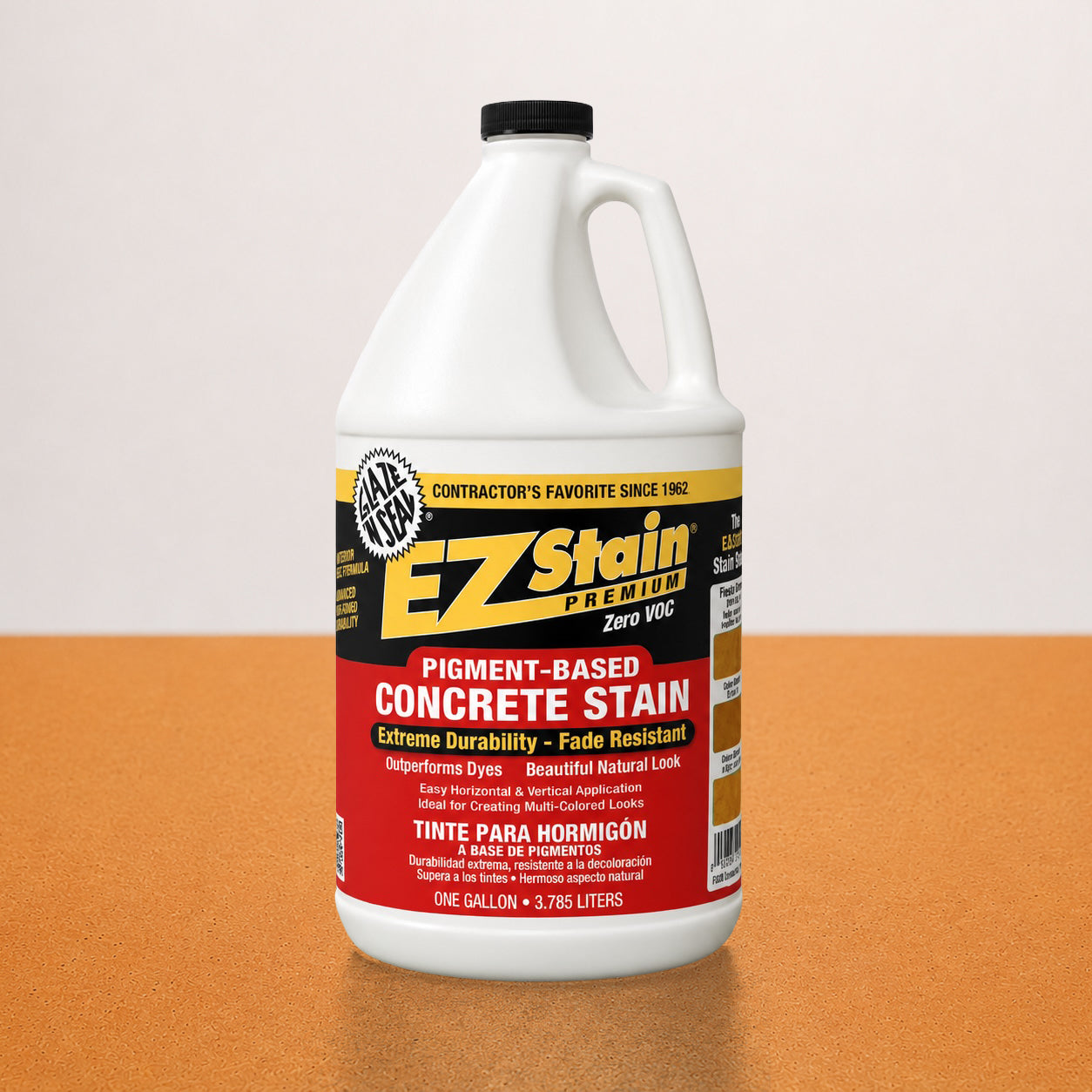 Gallon container of EZ Stain concrete stain on a beige and orange gradient background