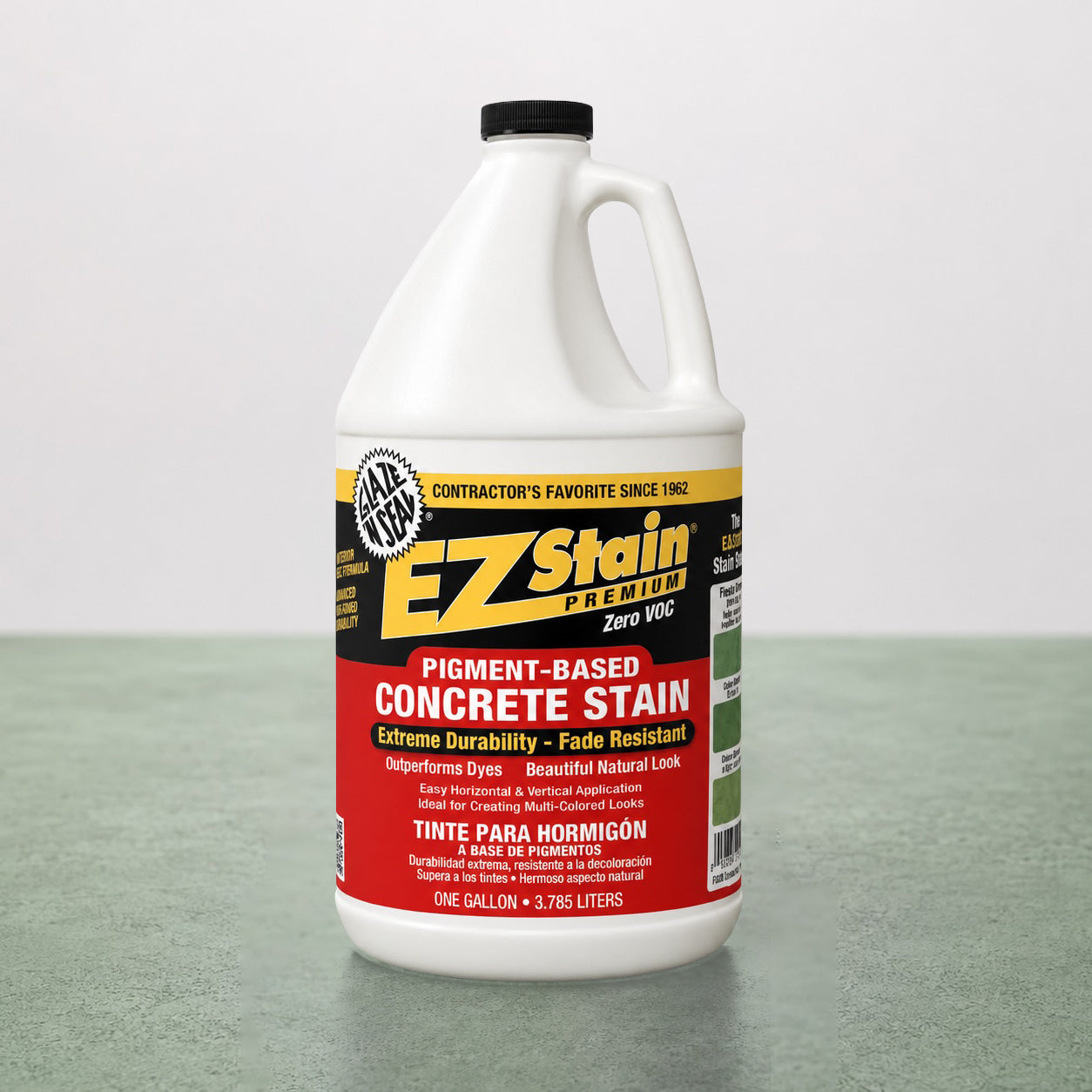 Gallon container of EZ Stain concrete stain on a gray surface with a white background