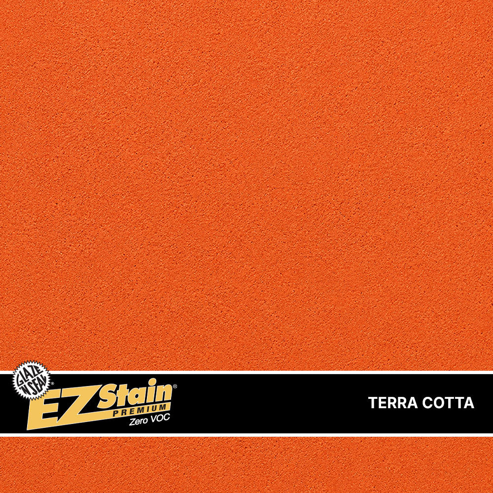 Terra Cotta color swatch with EZ Stain logo and 'Zero VOC' text on an orange background.