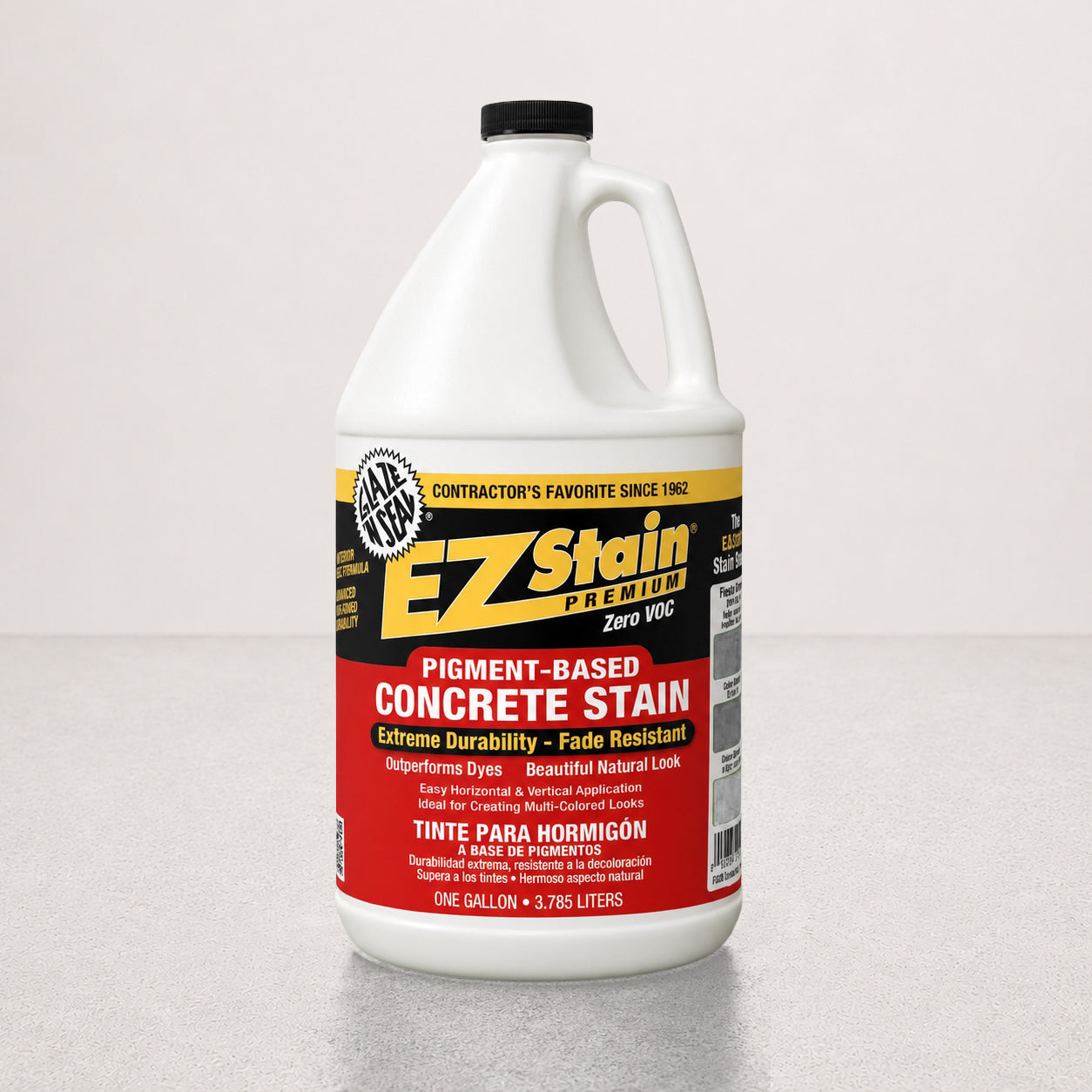 Gallon container of EZ Stain concrete stain on a light gray background