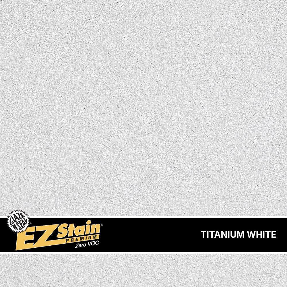Textured gray surface with EZ Stain Premium logo and 'Titanium White' label at the bottom.